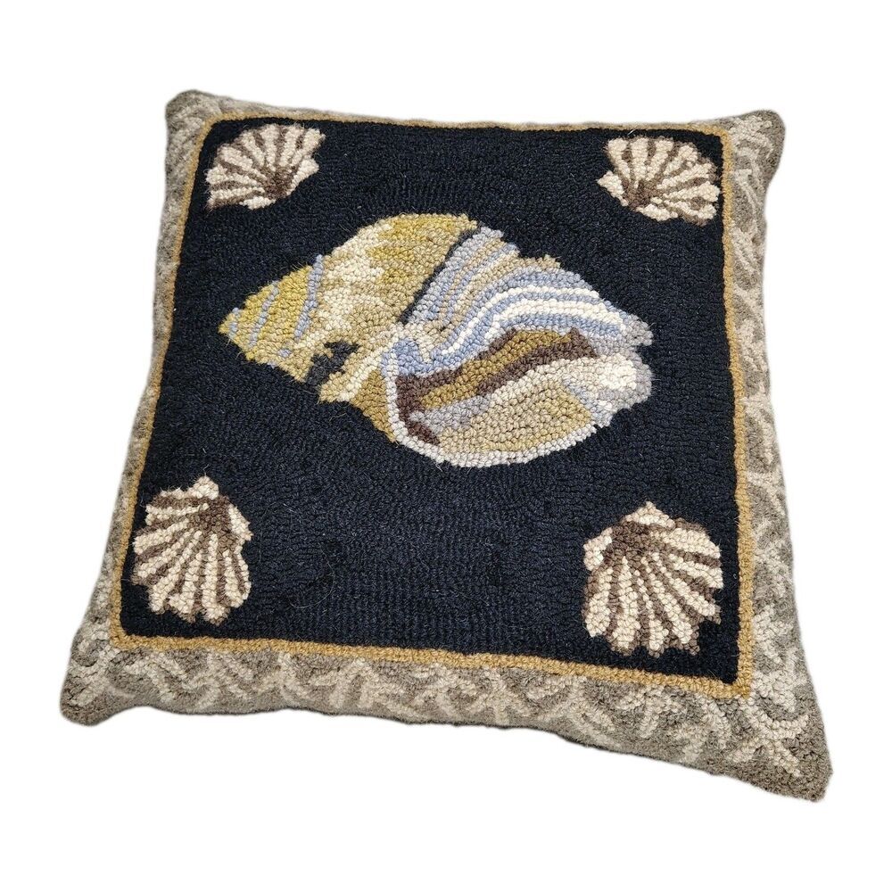 Set of 2 Coastal Seashell Hooked Throw Pillows Black Nautical Beach Cottage - Picture 2 of 8